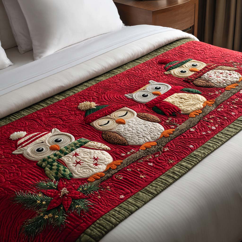 Winter Owl Gathering Quilted Bed Runner Christmas Bedding Ideas Xmas Gift Ideas