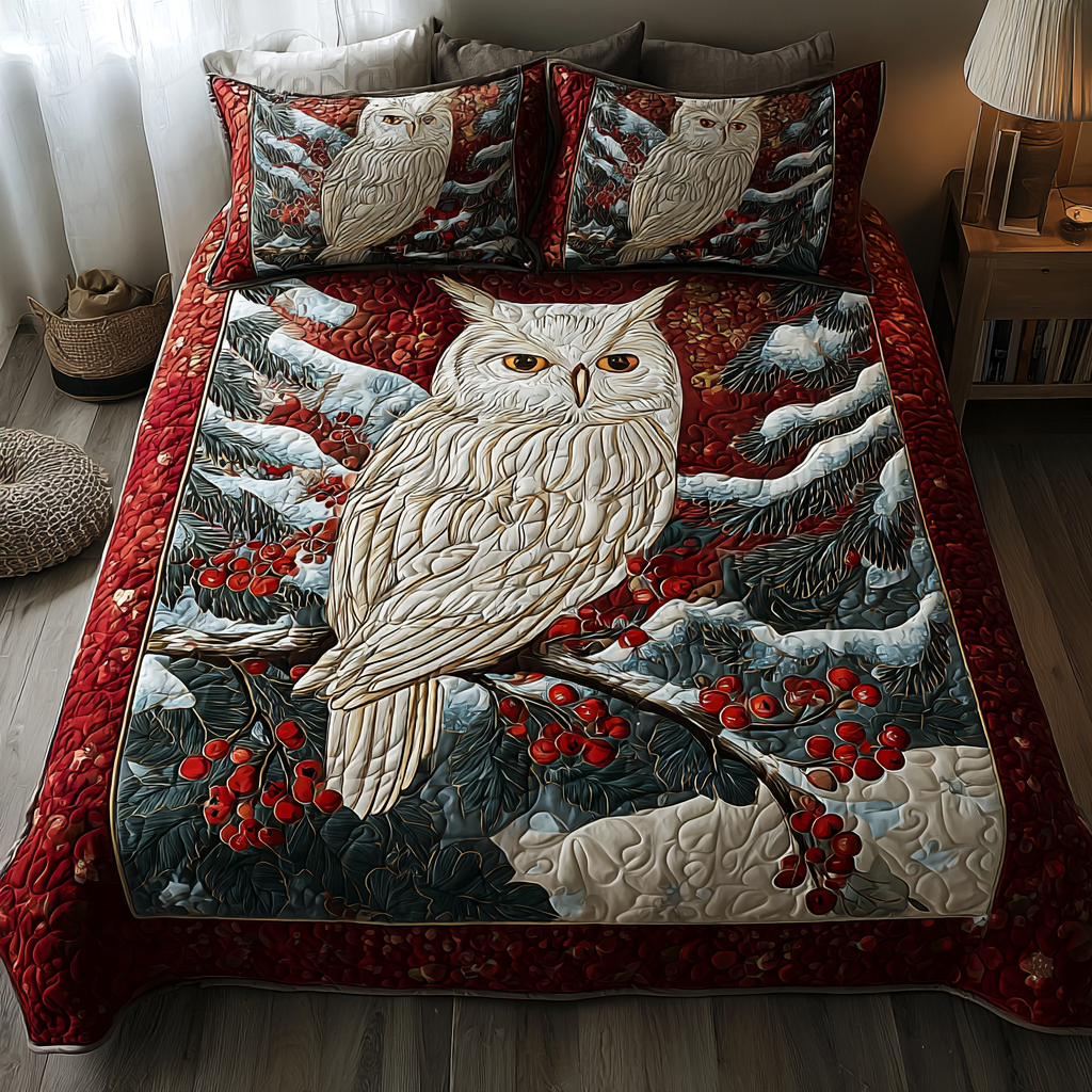 Winter Owl Quilted Bedding Set Bed Room Decoration Owl Themed Christmas Gifts