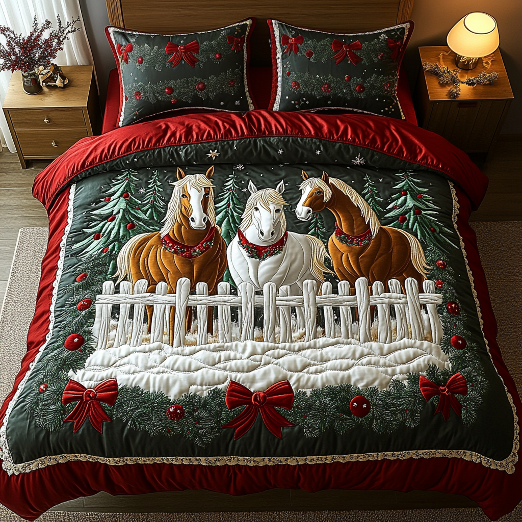 Winter Pasture Quilted Bedding Set Christmas Bedding Duvet Cover Presents For Horse Owners