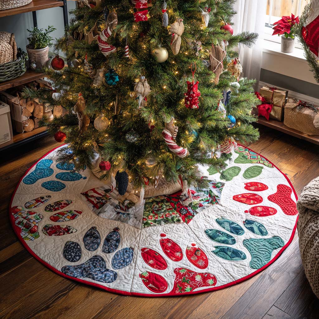 Winter Paws Christmas Quilted Tree Skirt Xmas Home Decor Best Presents For Animal Lovers
