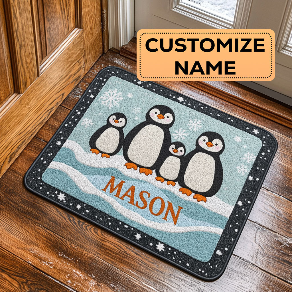 Winter Penguin Custom Personalized Doormat Gift For Friends and Family on Christmas Day