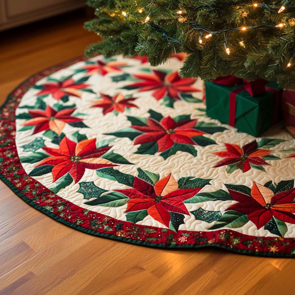Winter Petals Christmas Quilted Tree Skirt Festive Christmas Tree Skirt for Holiday Decor