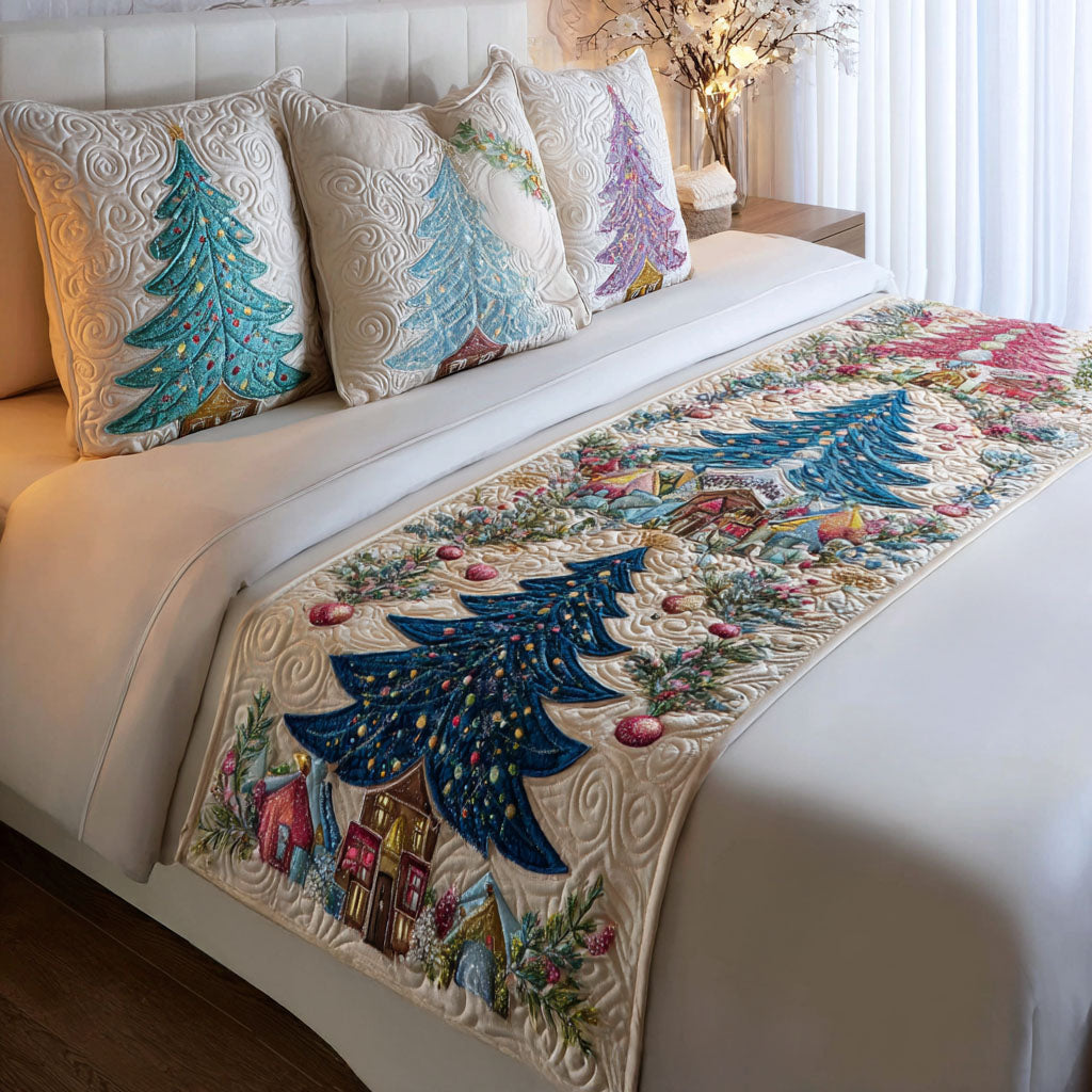Winter Pine Charm Quilted Bed Runner Xmas Room Decorations Best Holiday Gifts 2025