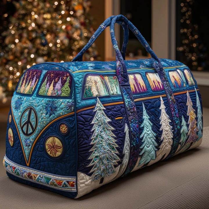 Winter Pine Tree VW Bus Quilted Duffle Bag Christmas Travel Bag Best Gift For Christmas Lovers