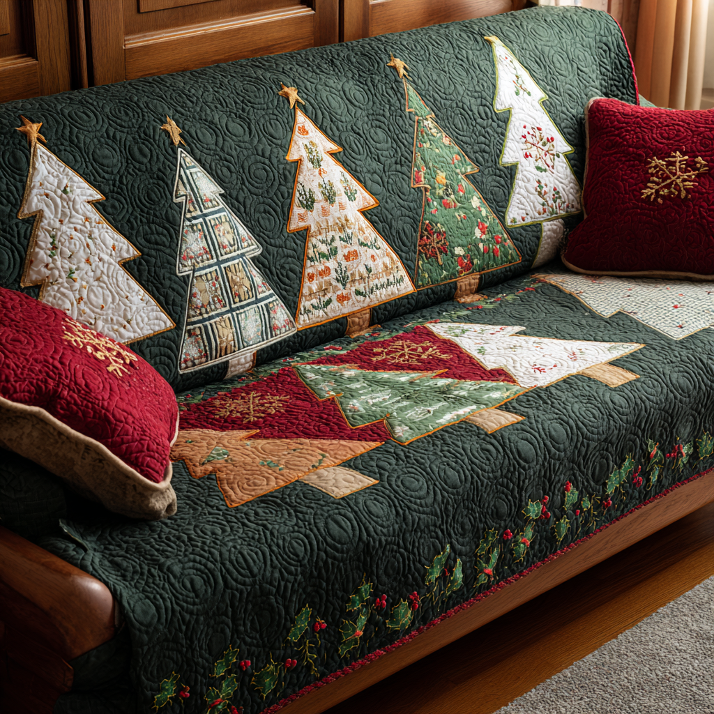 Winter Pines Quilted Sofa Cover Christmas Living Decor Gifts For Mom