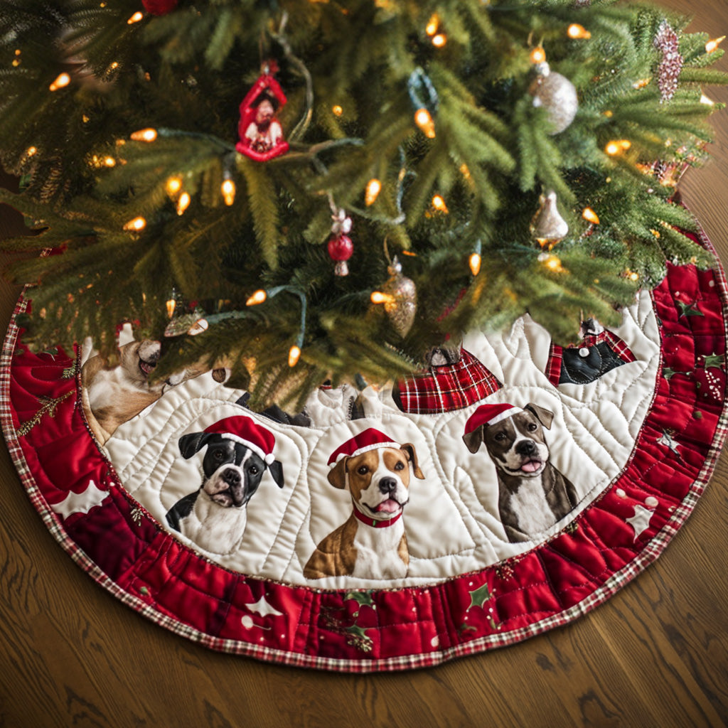 Winter Pitbull Companions Quilted Christmas Tree Skirt Charming Tree Skirt for Family Gatherings
