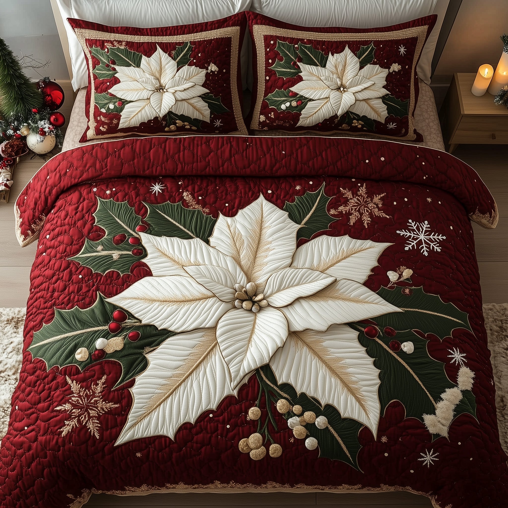 Winter Poinsettia Bloom Christmas Quilted Bedding Set Duvet Cover Bedspread Xmas Gift Ideas