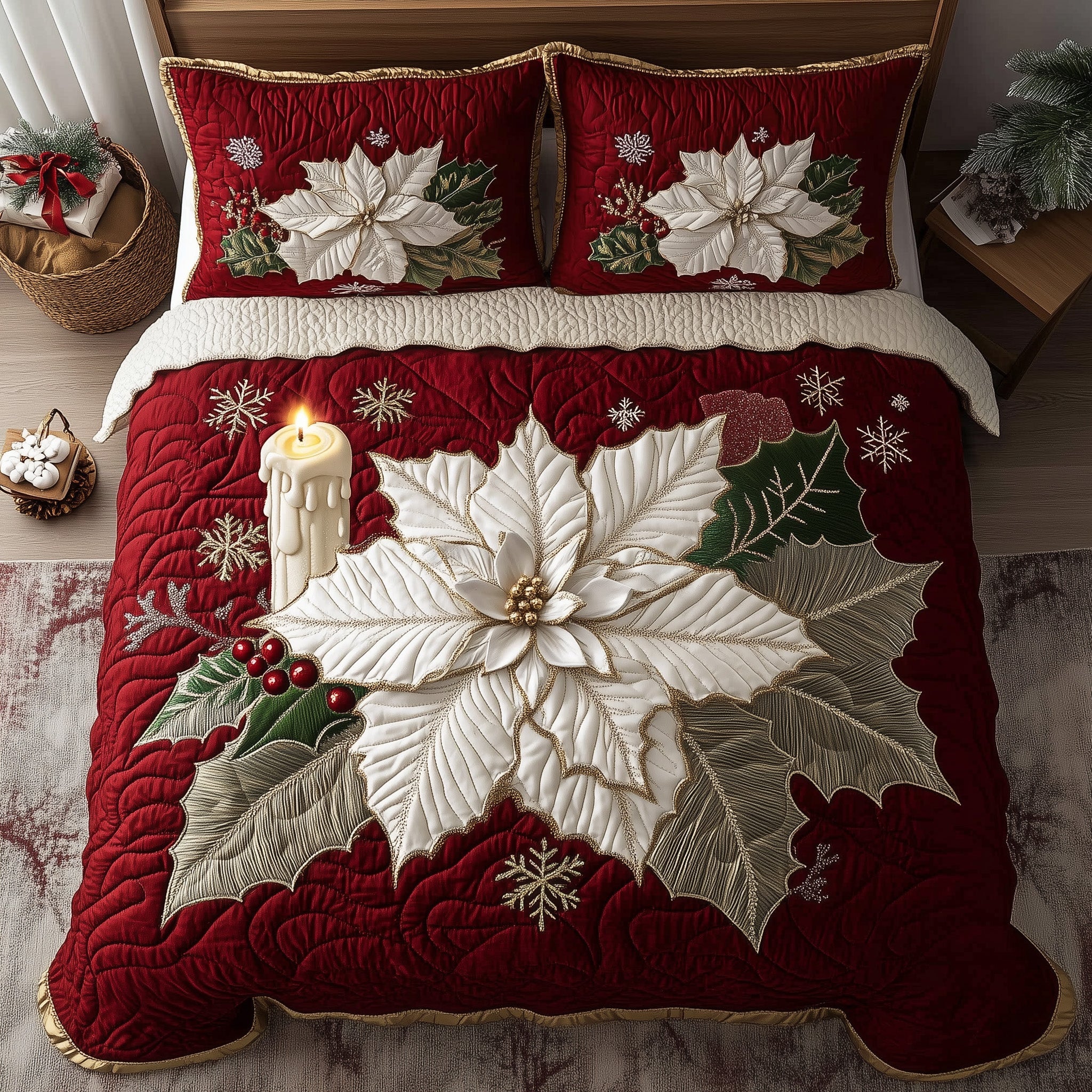 Winter Poinsettia Bloom Christmas Quilted Bedding Set Duvet Cover Bedspread Xmas Gifts