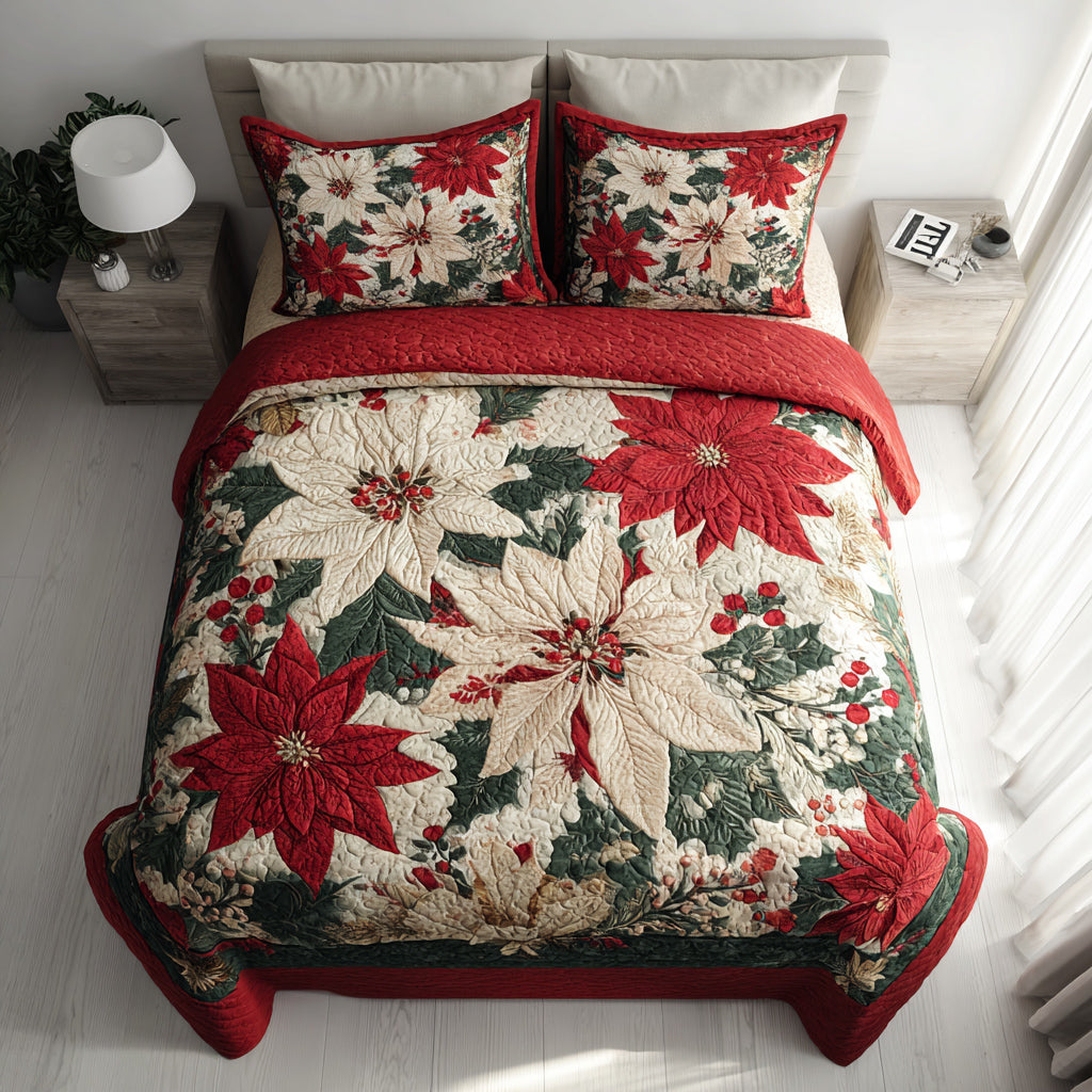 Winter Poinsettia Blooms Quilted Bedding Set Holiday Duvet Sets Secret Santa Gifts