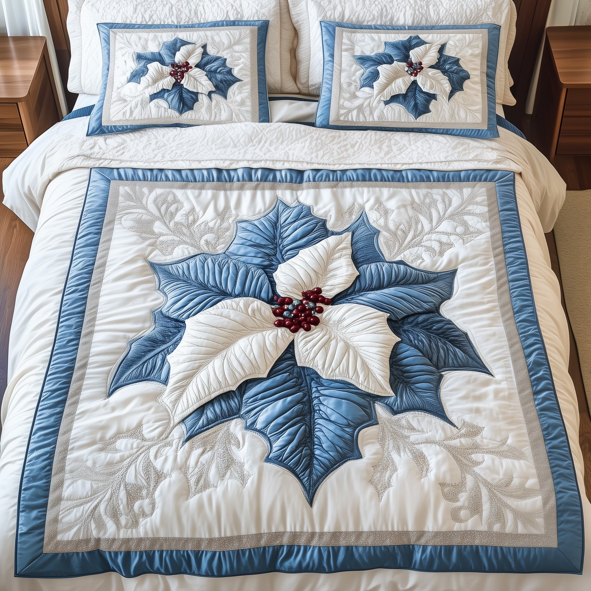 Winter Poinsettia Christmas Quilted Bedding Set Duvet Cover Bedspread Xmas Holiday Gift Ideas