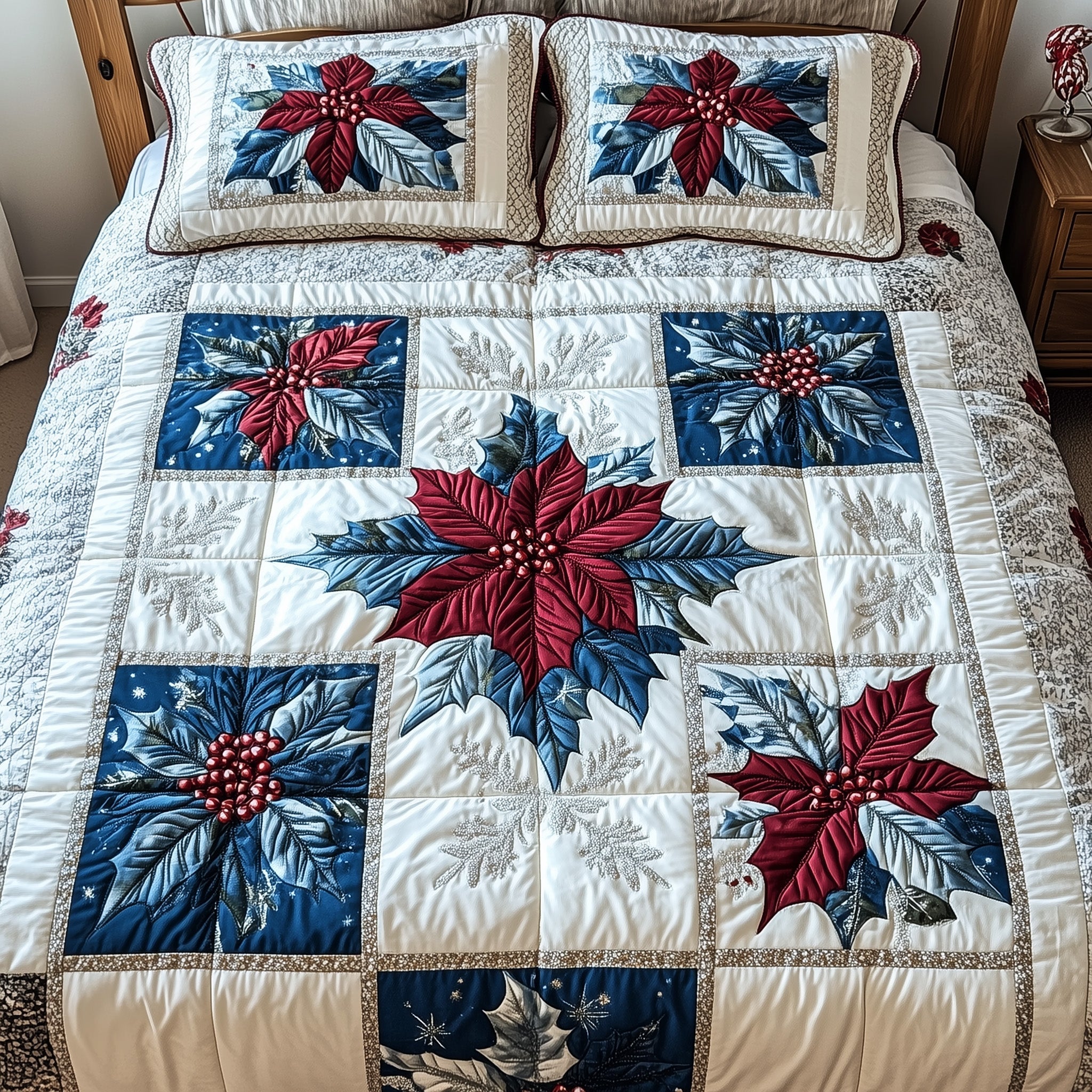 Winter Poinsettia Christmas Quilted Bedding Set Duvet Cover Bedspread Xmas Holiday Gifts