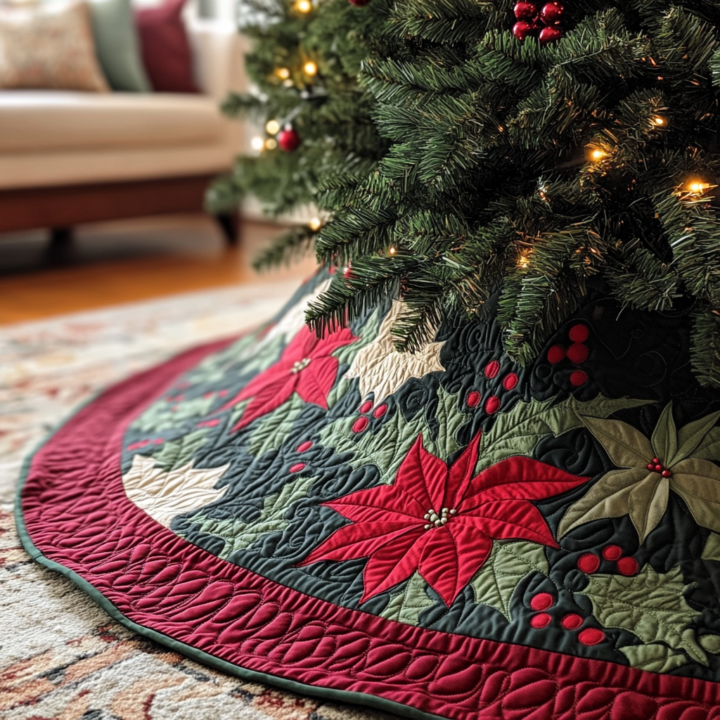 Winter Poinsettia Christmas Quilted Tree Skirt Beautiful Tree Skirt to Complete Your Christmas Look