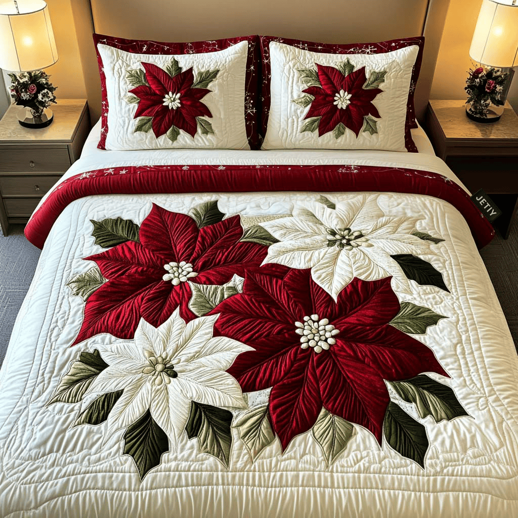 Winter Poinsettia Magic Quilt Bedding Set Holiday Season King Size Bed Set Christmas Gifts For Wife