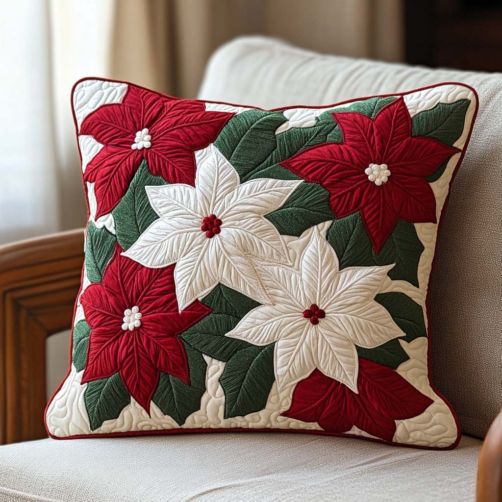Winter Poinsettia Quilted Pillow Case Christmas Themed Holiday Home Decor Unique Xmas Gifts