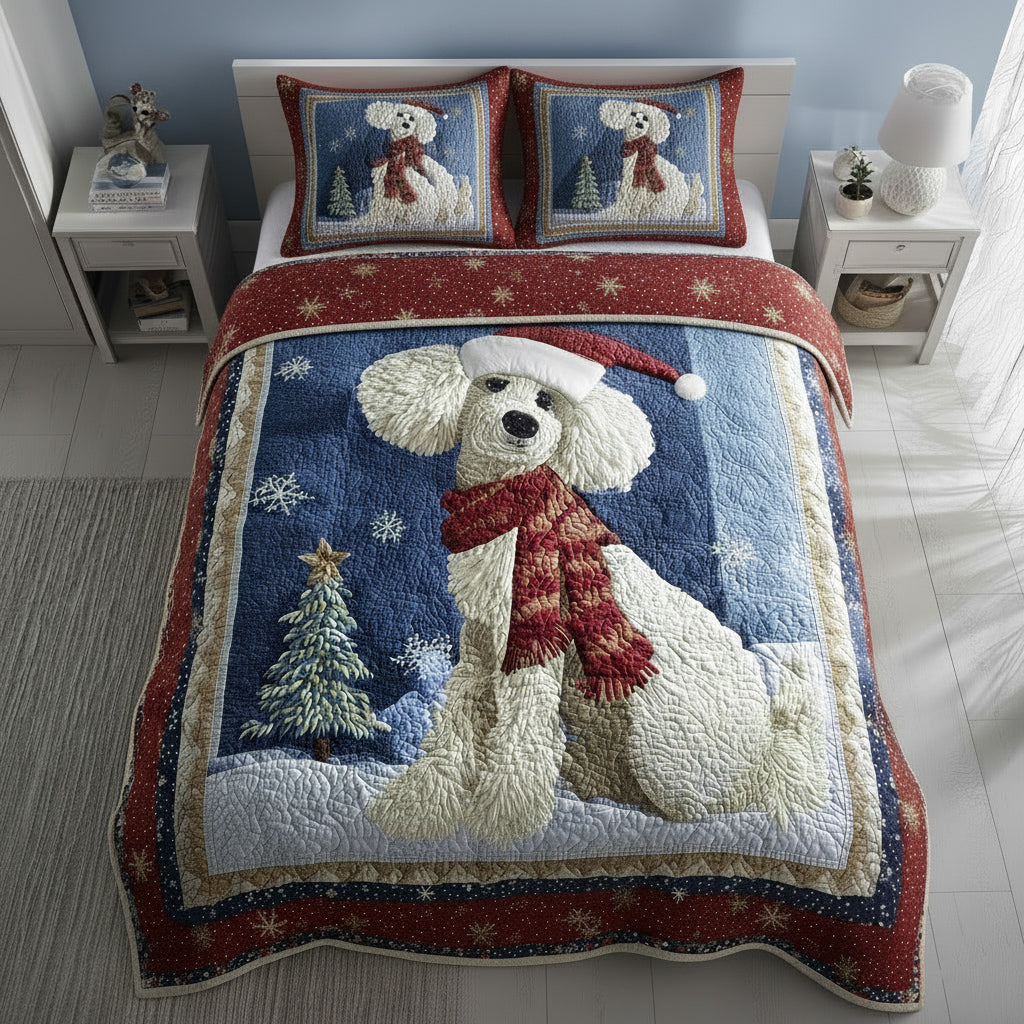 Winter Poodle Quilted Bedding Set Holiday Duvet Cover Set Poodle Christmas Gifts