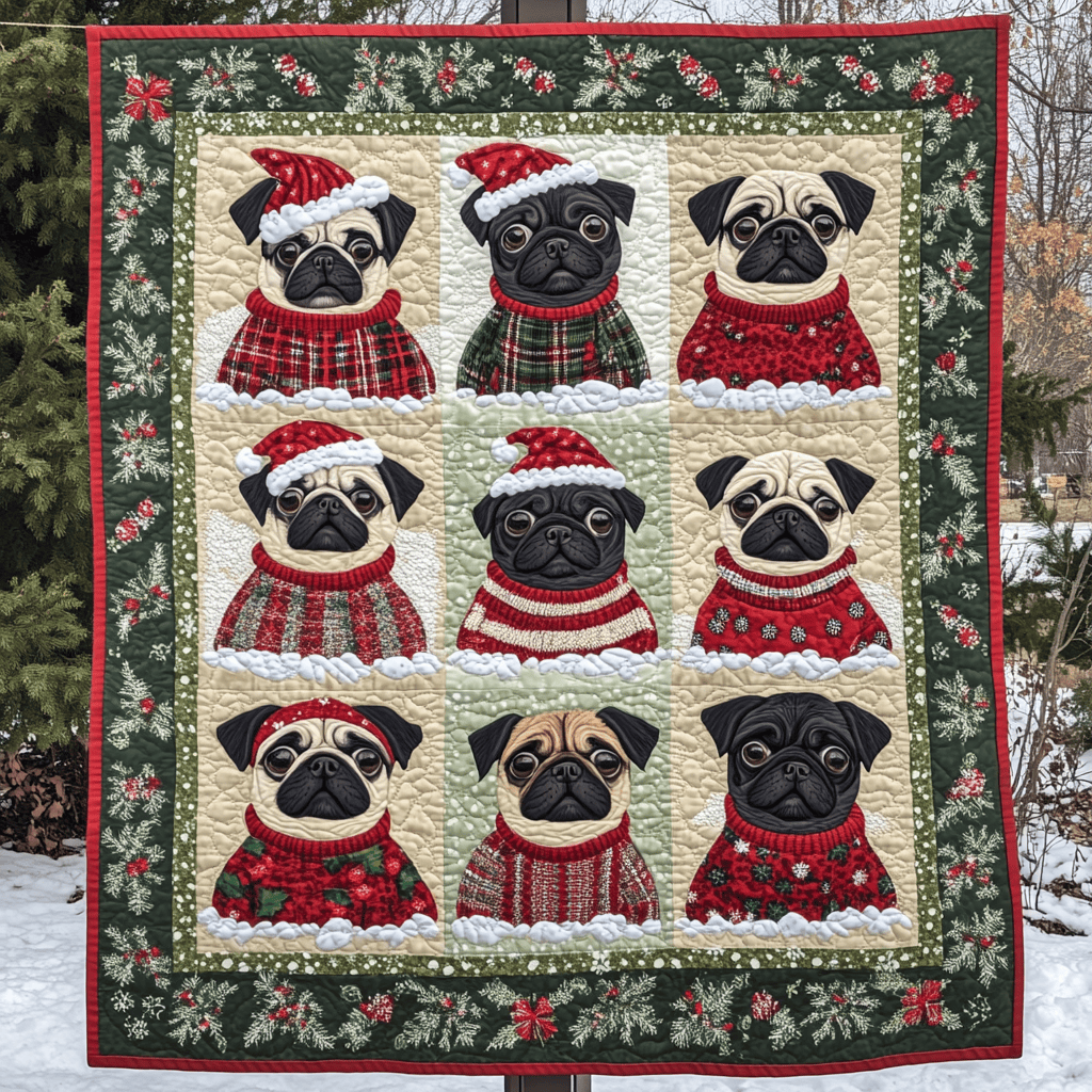 Winter Pugs Quilt Blanket Couch Blanket Best Mother's Day Gifts For First Time Mom