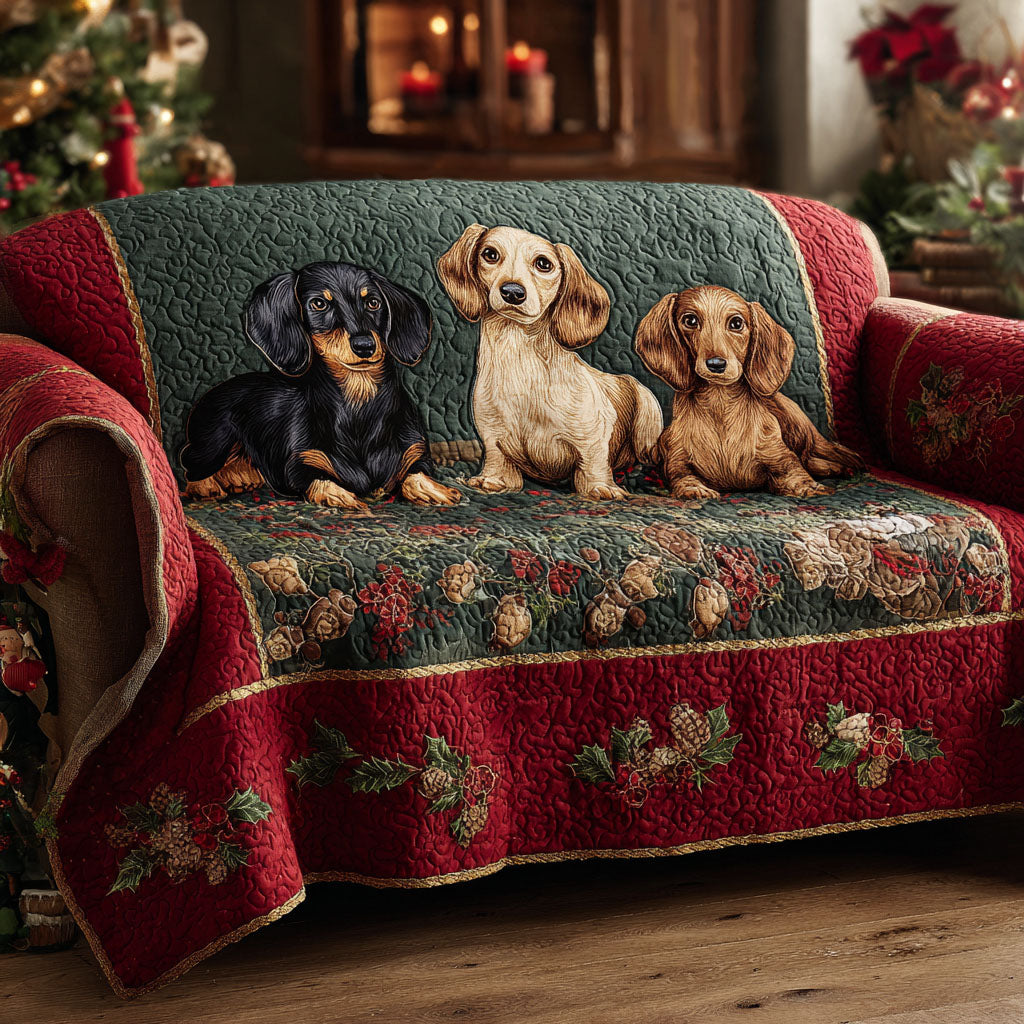 Winter Pup Harmony Quilted Sofa Cover Christmas Living Decor Sausage Dog Presents