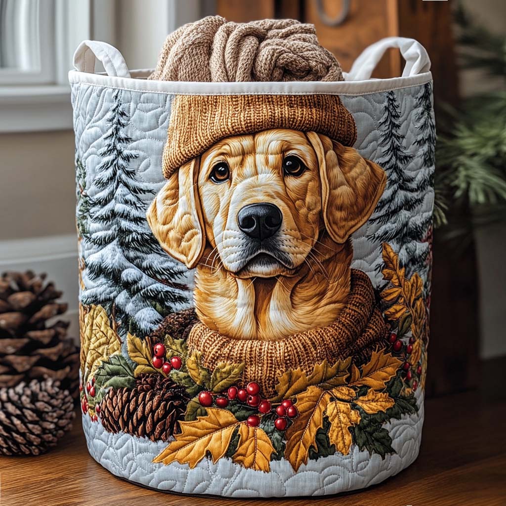 Winter Pup Quilted Laundry Basket Unique Quilted Basket Gift for Holiday Season 2025