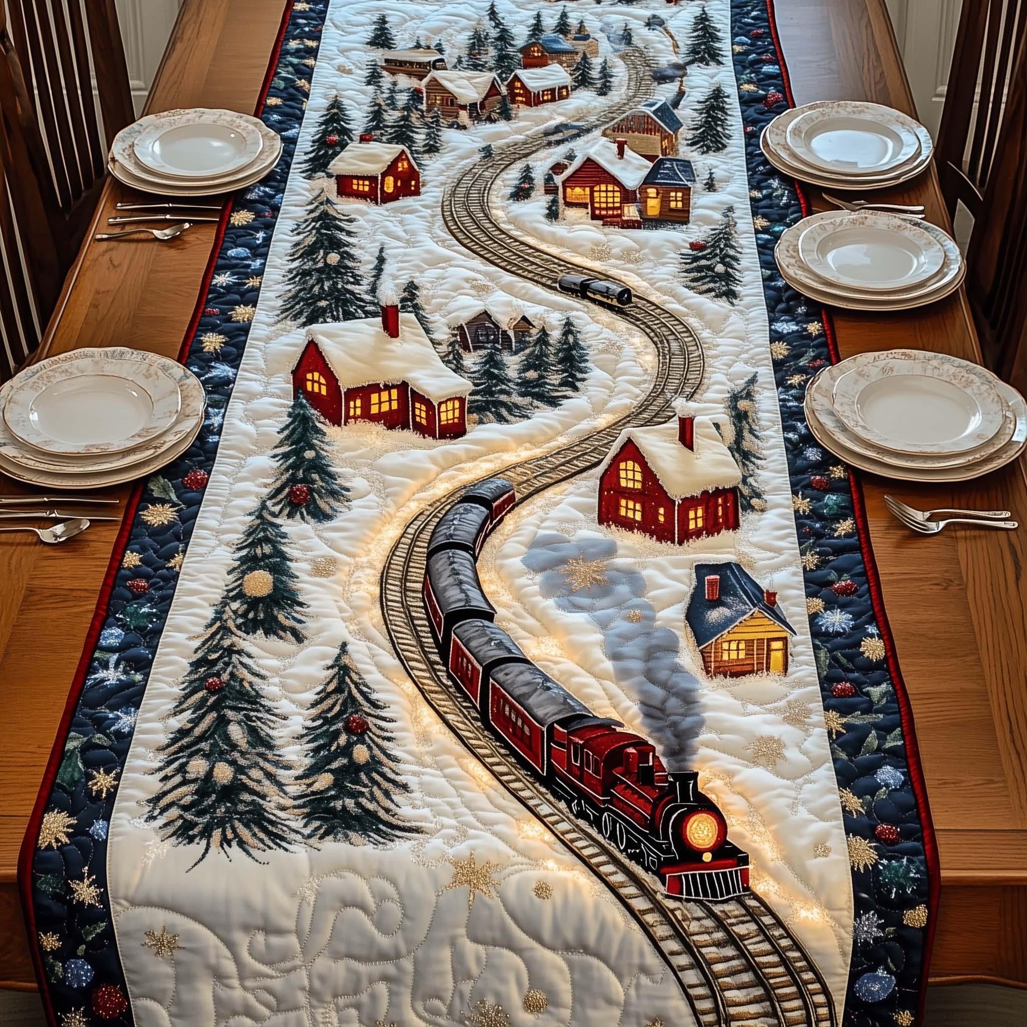 Winter Railway Quilted Table Runner Farmhouse Dining Room Decor Gift For Home