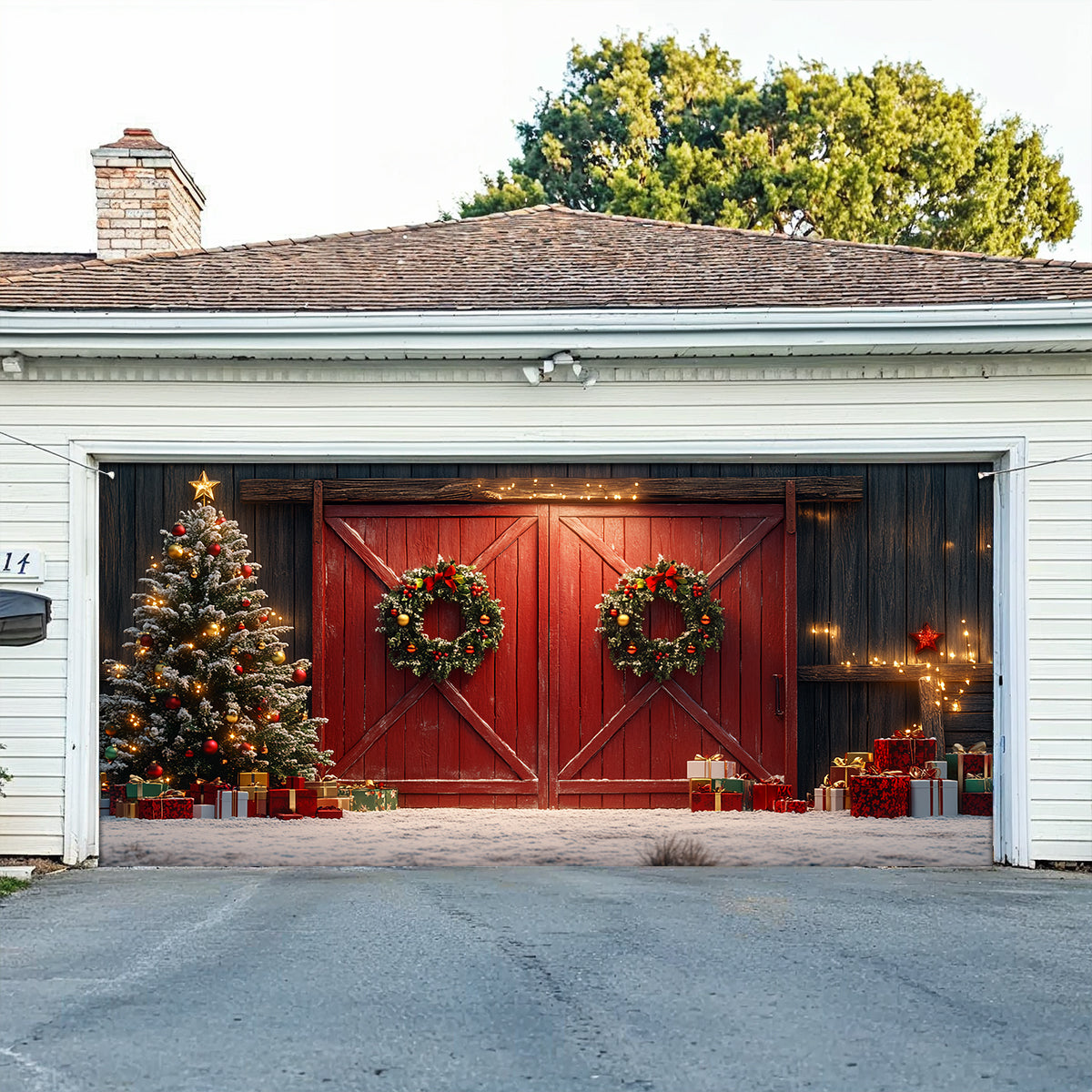 Winter Red Barn Christmas Garage Door Banner Holiday Decor Christmas Gift For Farmers