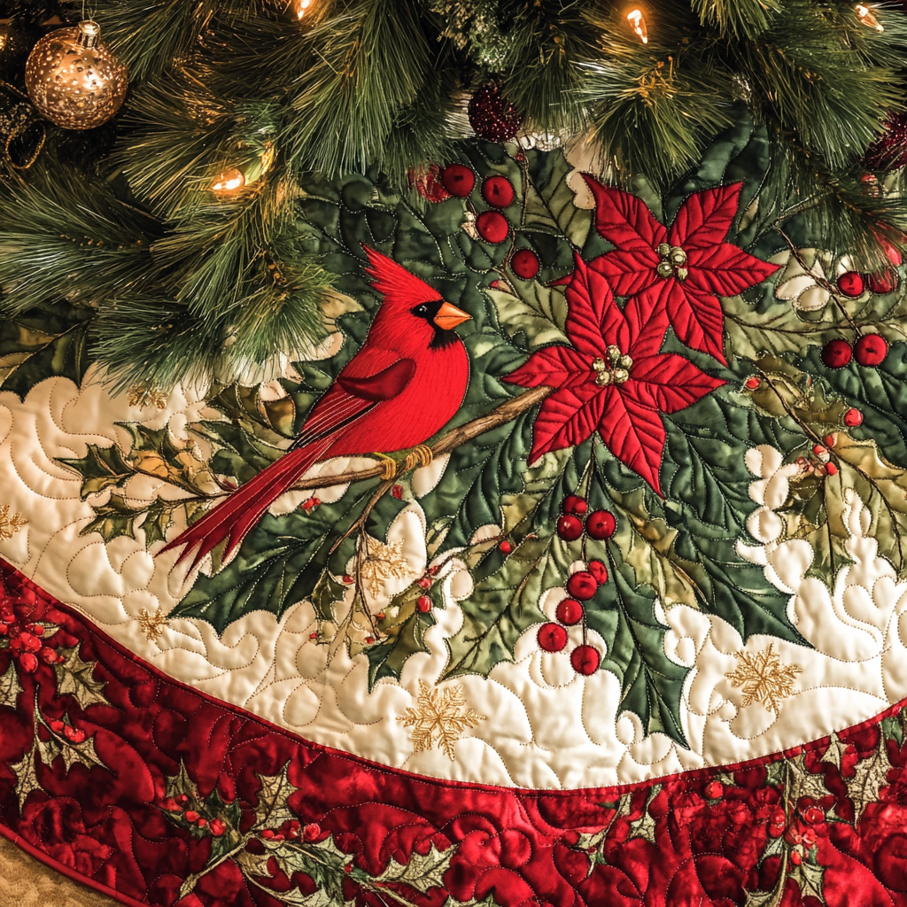 Winter Redbirds Christmas Quilted Tree Skirt Heartwarming Christmas Tree Skirt Gift for Loved Ones