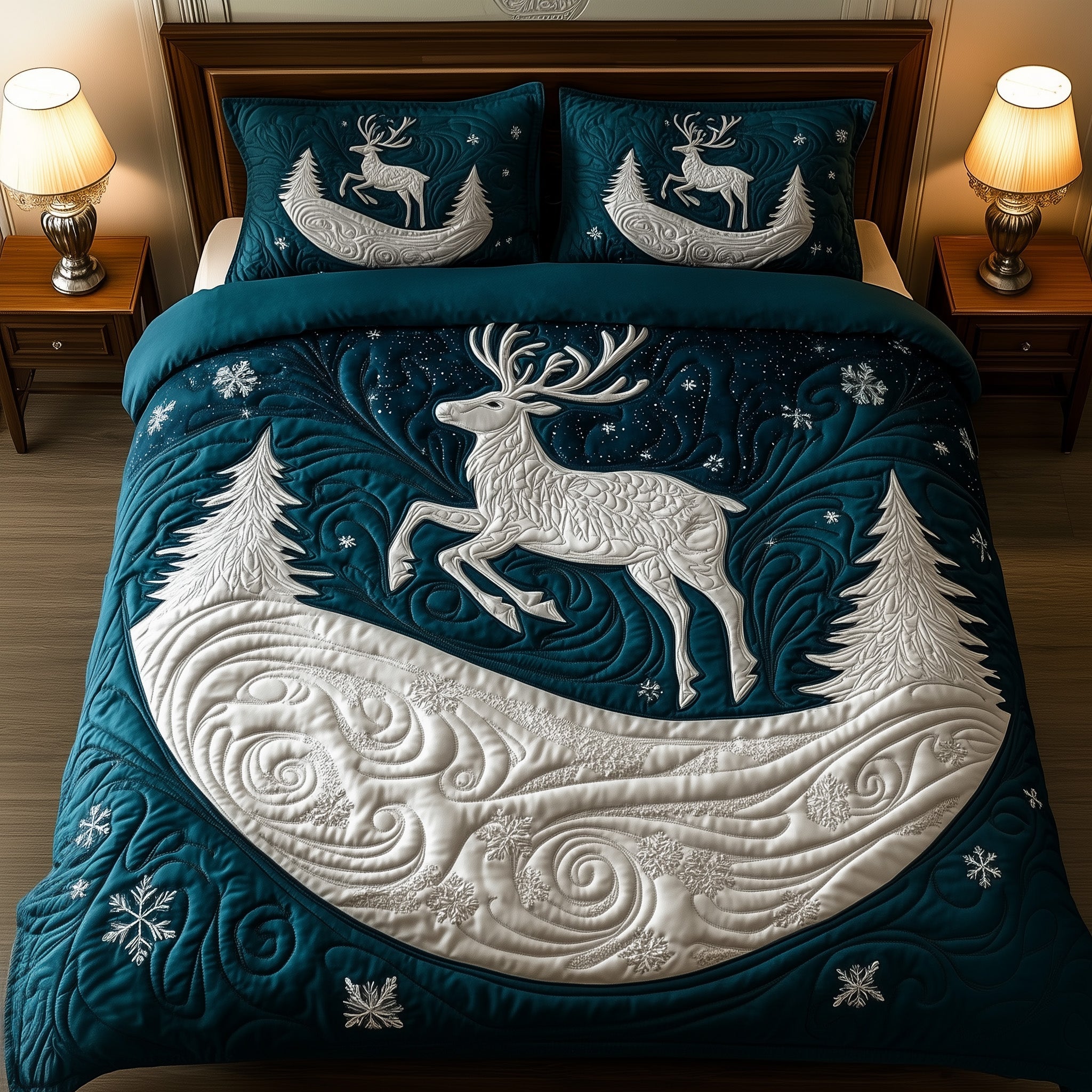 Winter Reindeer Christmas Quilted Bedding Set Duvet Cover Bedspread Xmas Gifts