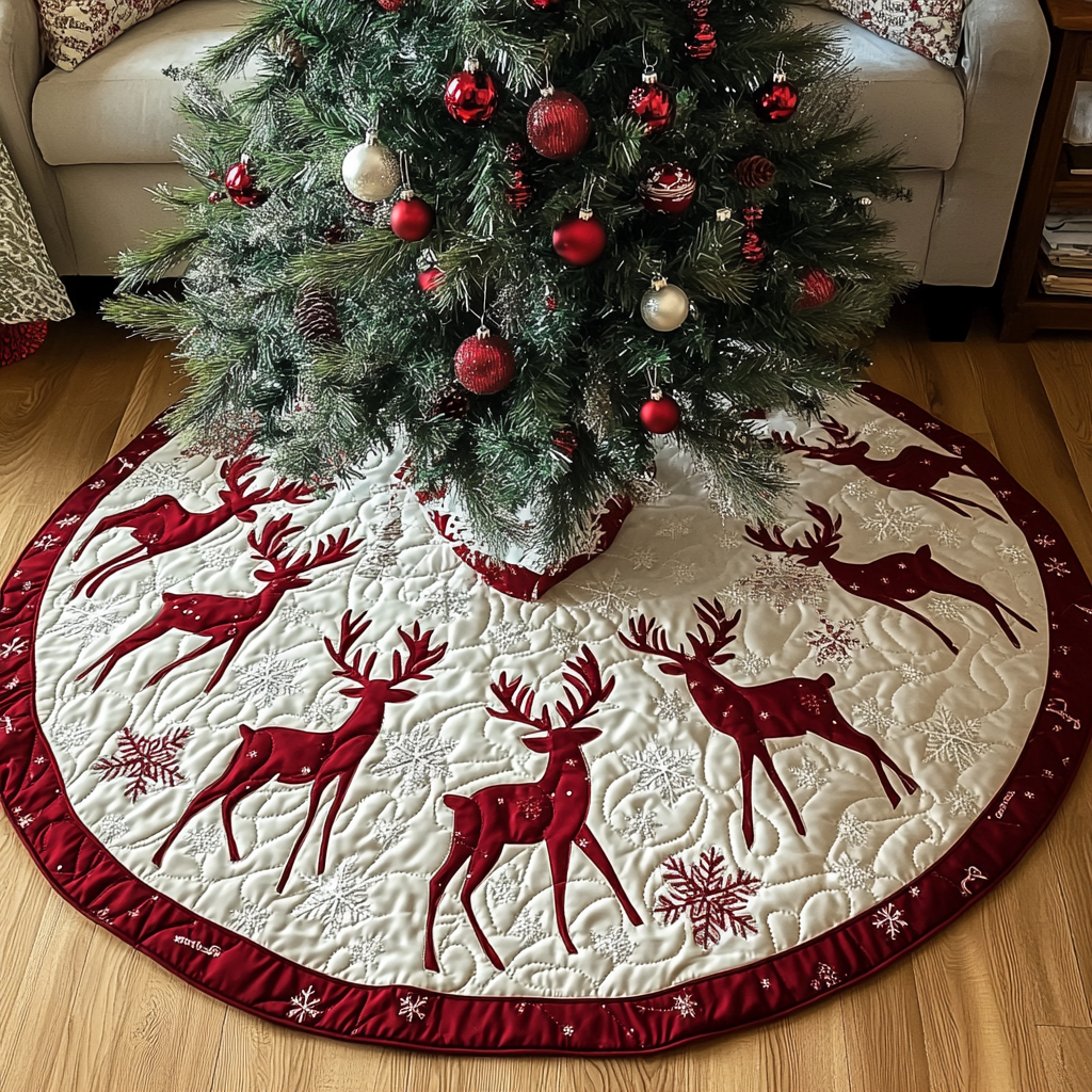 Winter Reindeer Magic Christmas Quilted Tree Skirt Popular Gift Merch for Christmas Enthusiasts