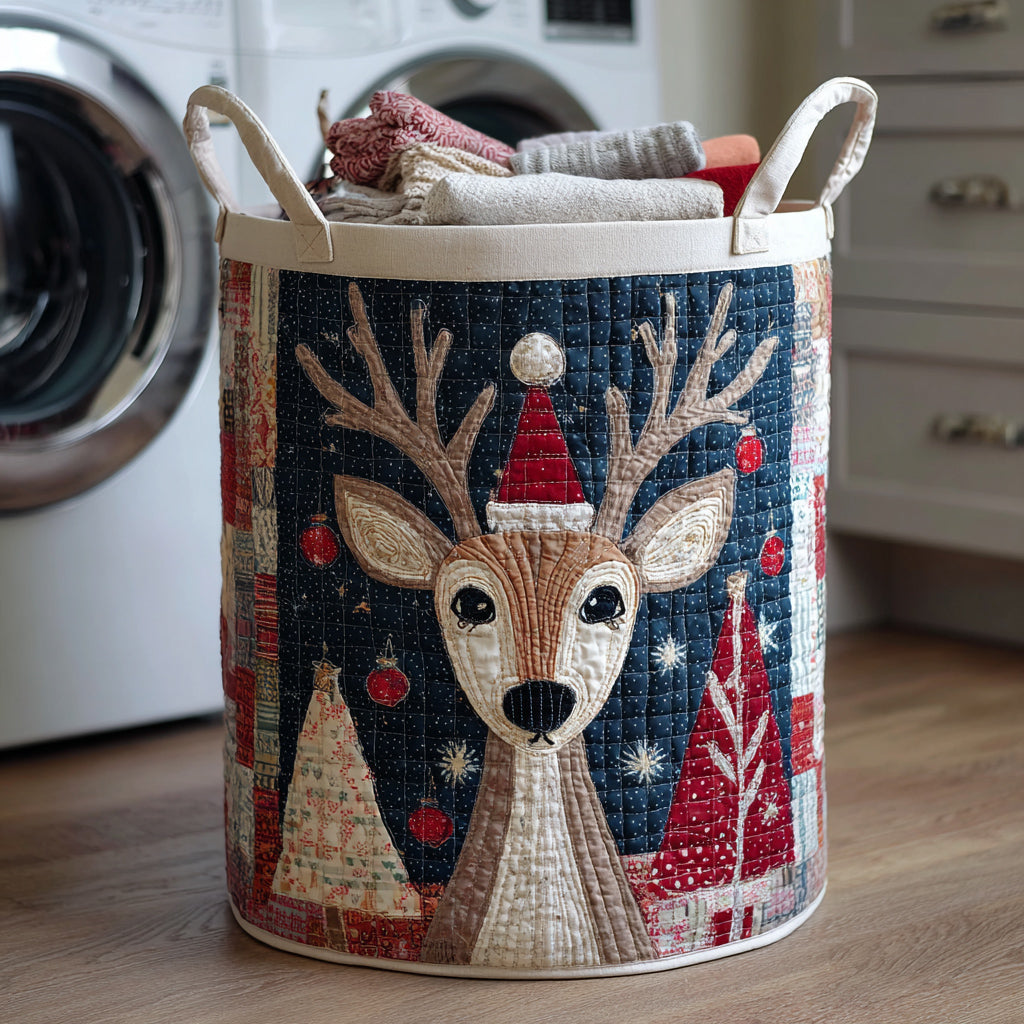Winter Reindeer Quilted Laundry Basket Merch For Friends
