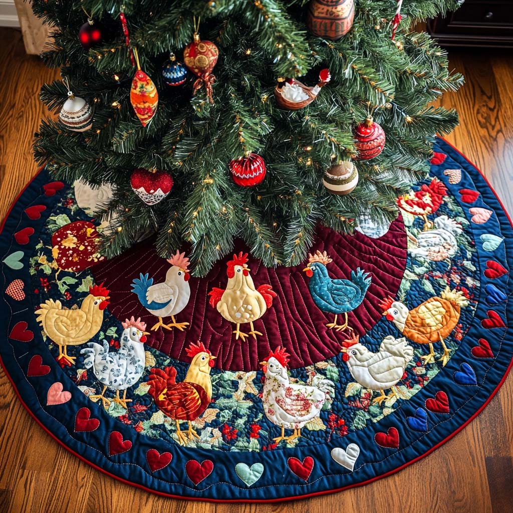 Winter Roosters Christmas Quilted Tree Skirt Cozy Holiday Tree Skirt to Brighten Your Home