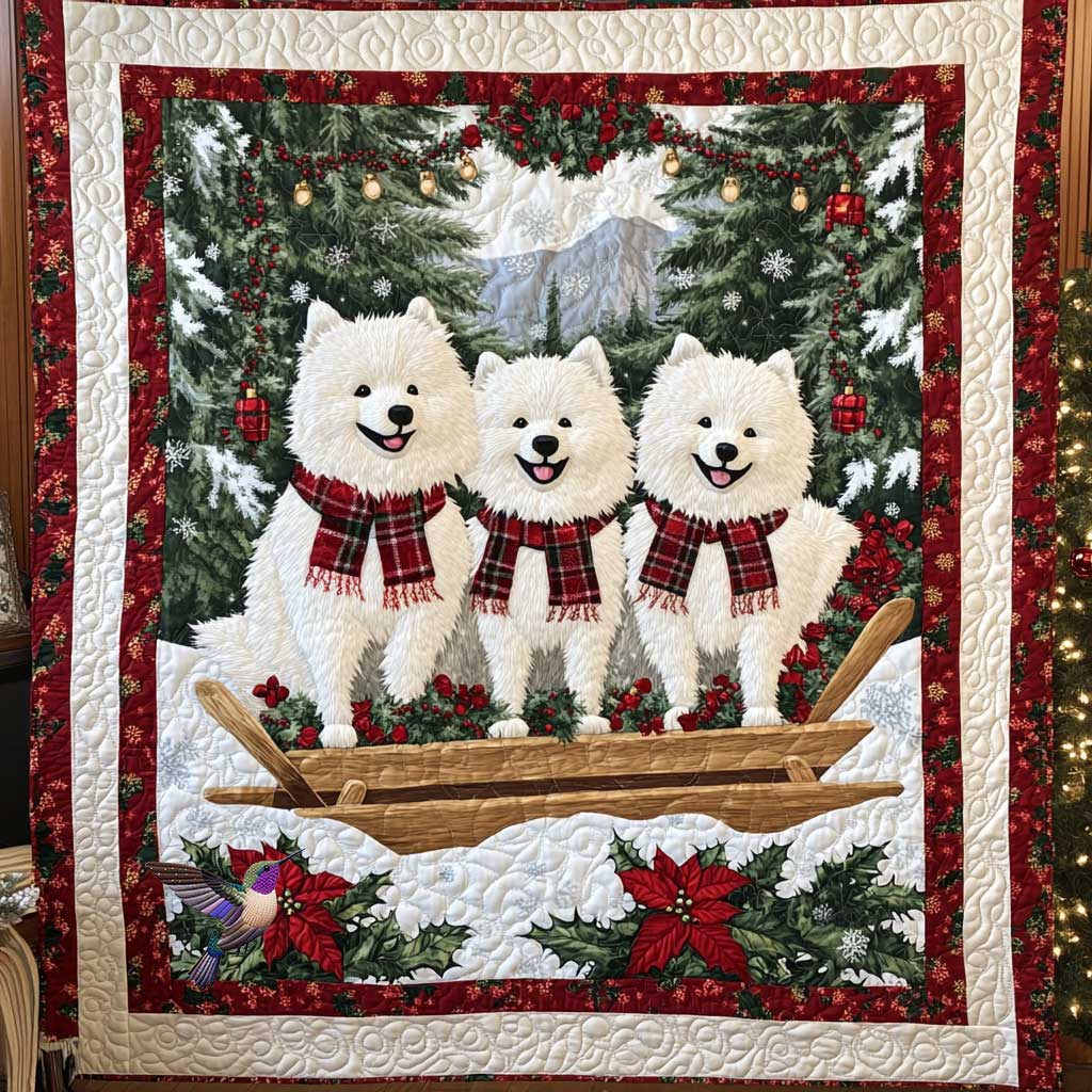 Winter Samoyed Bliss Quilt Luxury Quilt Blanket with Decorative Stitching