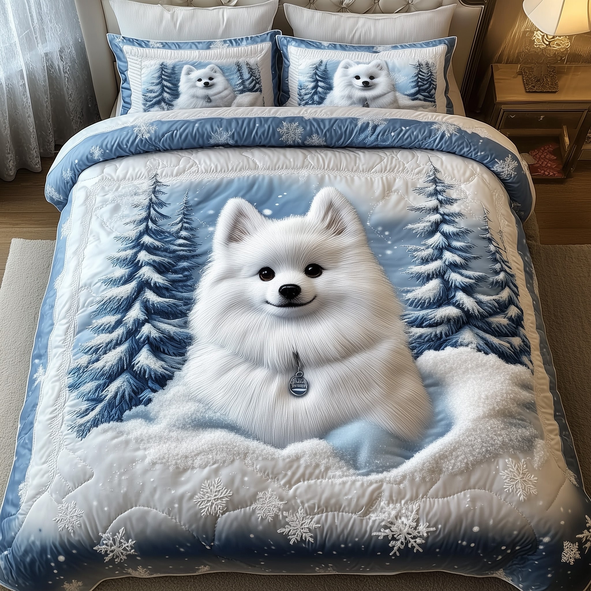 Winter Samoyed Christmas Quilted Bedding Set Duvet Cover Bedspread Dog Themed Cute Presents