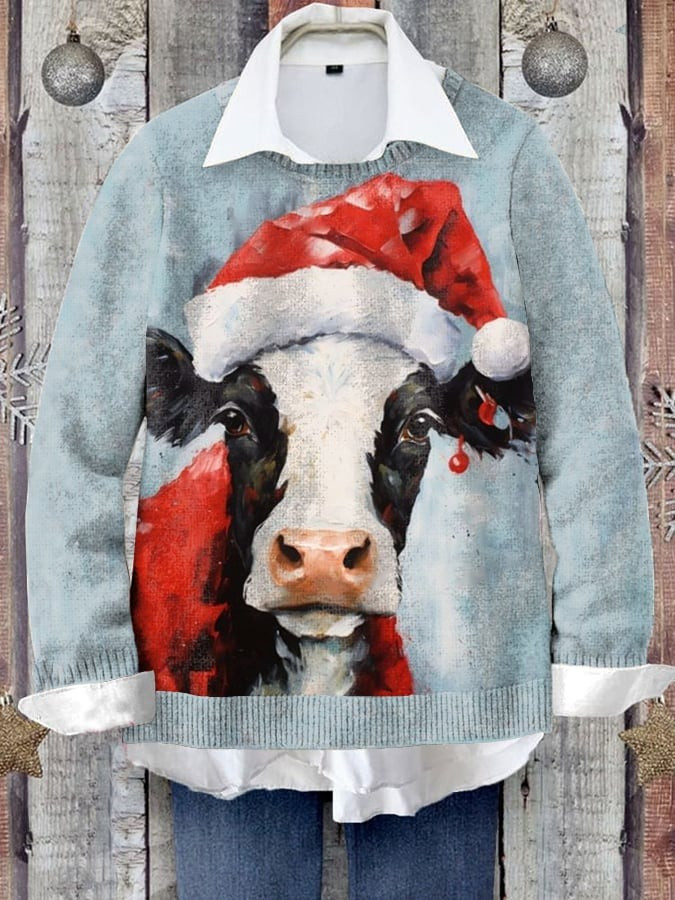 Winter Santa Cow Christmas Sweater Cute Animal Sweater Xmas Gifts For Cow Lovers