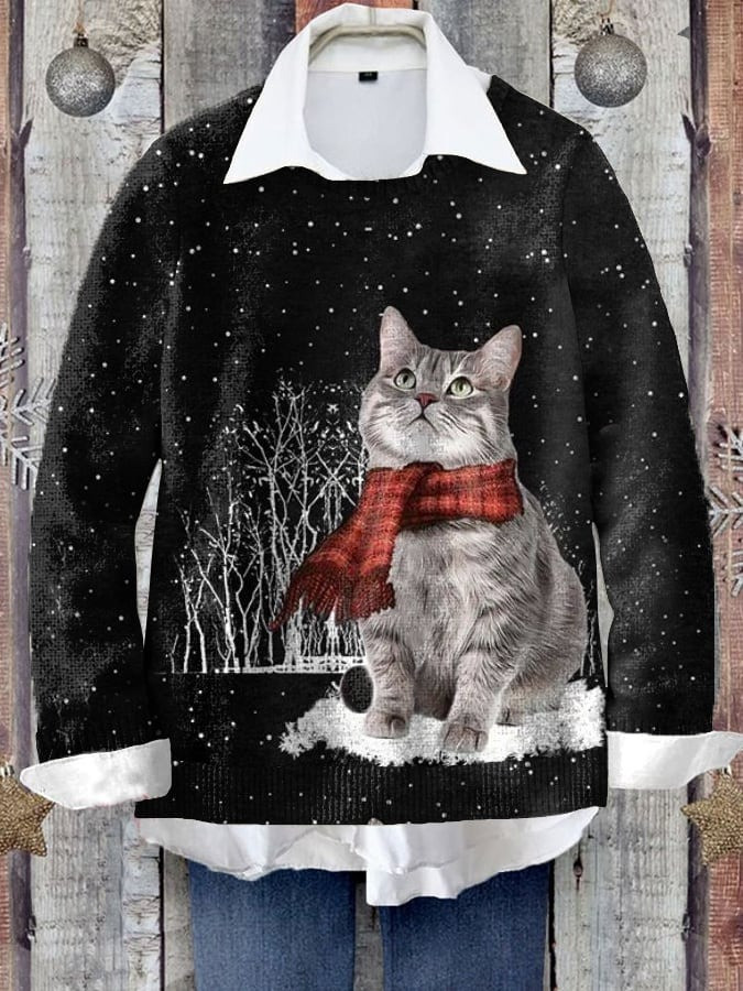 Winter Scarf Cat Christmas Sweater Cute Cat Pullover Xmas Holiday Gifts For Cat Lovers