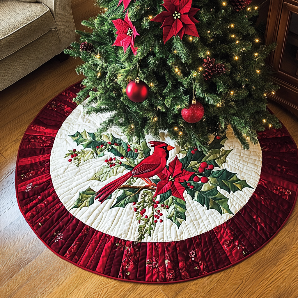 Winter Scarlet Messenger Christmas Quilted Tree Skirt Adorable Holiday Tree Skirt for Cozy Spaces