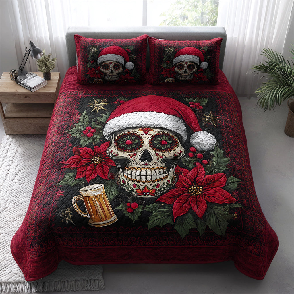 Winter Skull Bloom Quilted Bedding Set Holiday Duvet Cover Set Skull Christmas Gifts
