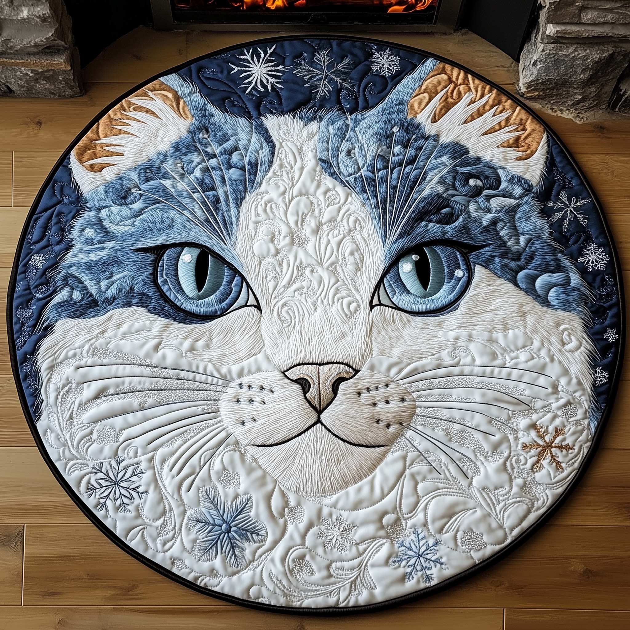 Winter Snow Cat Quilted Round Mat Durable Quilted Round Mat for Everyday Use
