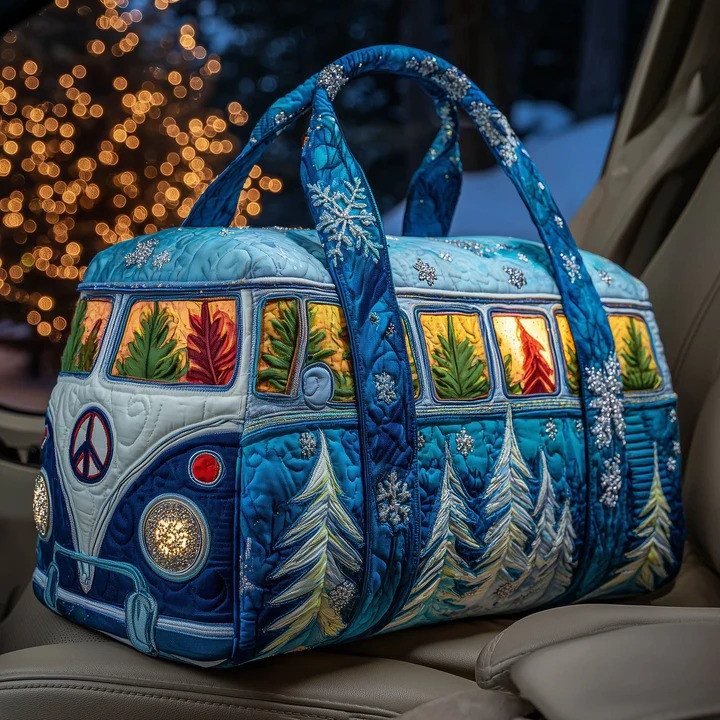 Winter Snowflake VW Bus Quilted Duffle Bag Christmas Travel Bag Best Gift For Christmas Lovers