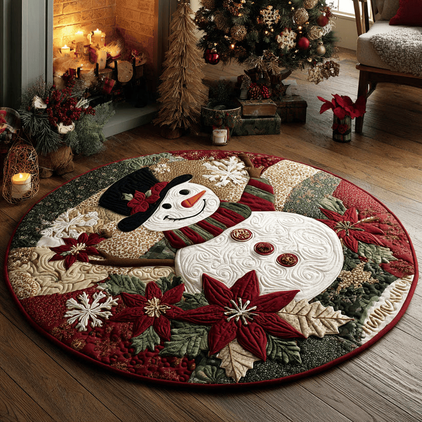 Winter Snowman Delight Quilted Round Mat Holiday Season Round Mat Xmas Gifts For Her