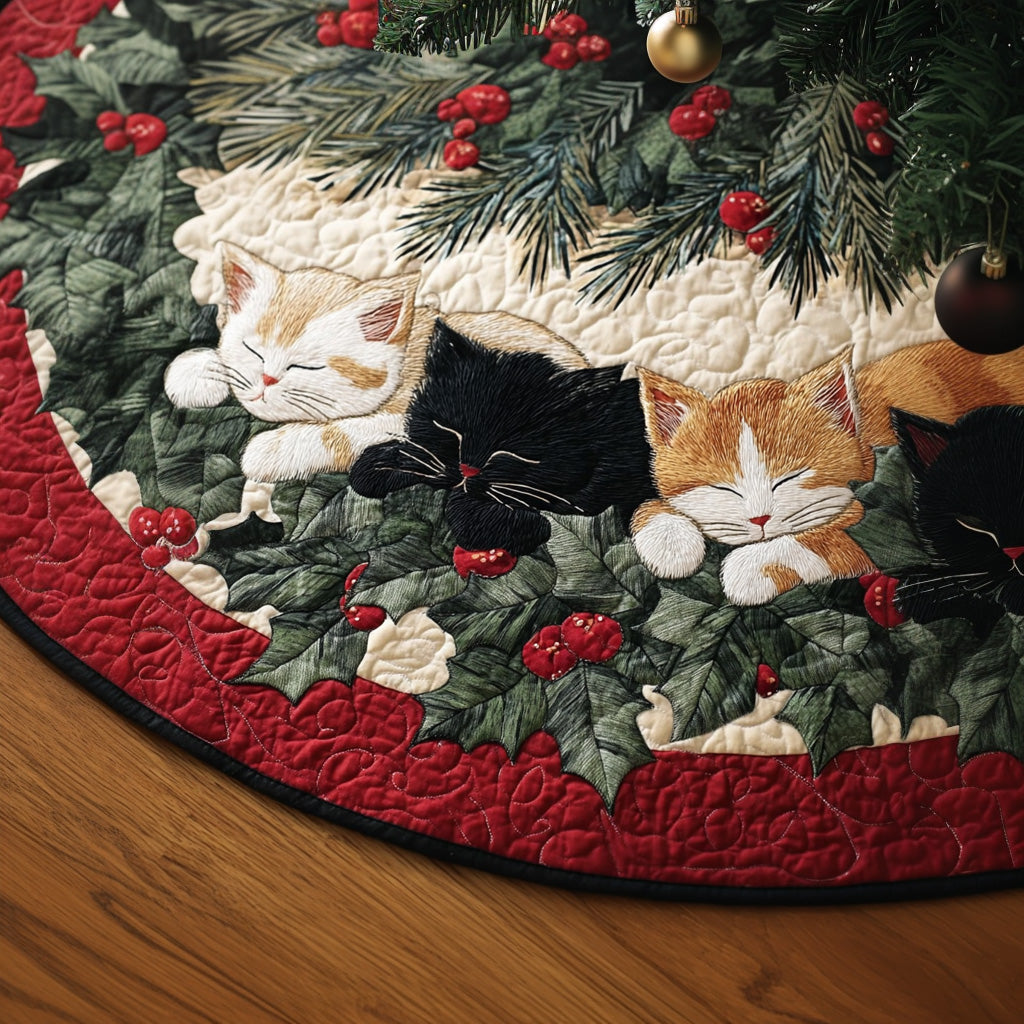 Winter Snuggle Christmas Quilted Tree Skirt Xmas Tree Cover Base Christmas Presents For Cat Lovers