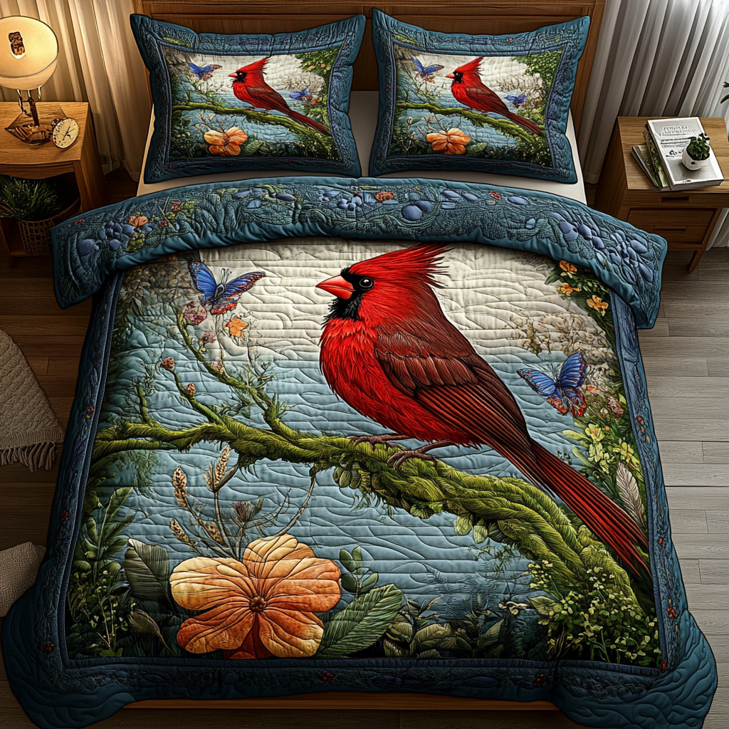 Winter Songbird Quilted Bedding Set Christmas Bedding Duvet Cover Cardinal Gifts For Mom