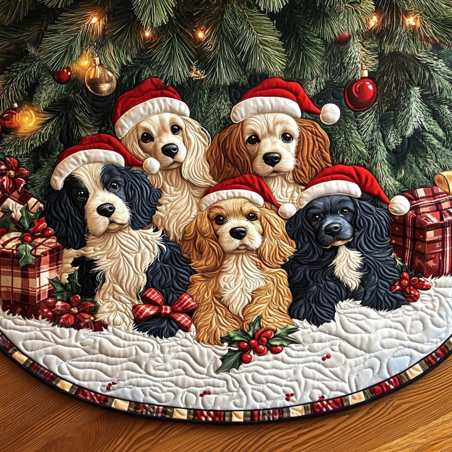 Winter Spaniel Quilted Christmas Tree Skirt Festive Christmas Tree Skirt for Holiday Decor
