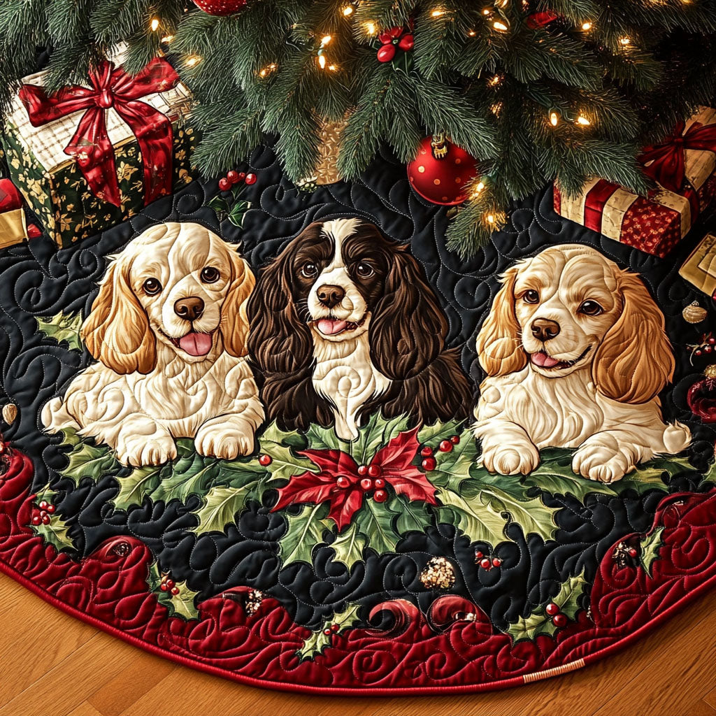 Winter Spaniel Tale Quilted Christmas Tree Skirt Christmas Tree Bottom Cover Thoughtful Christmas Gifts For Wife