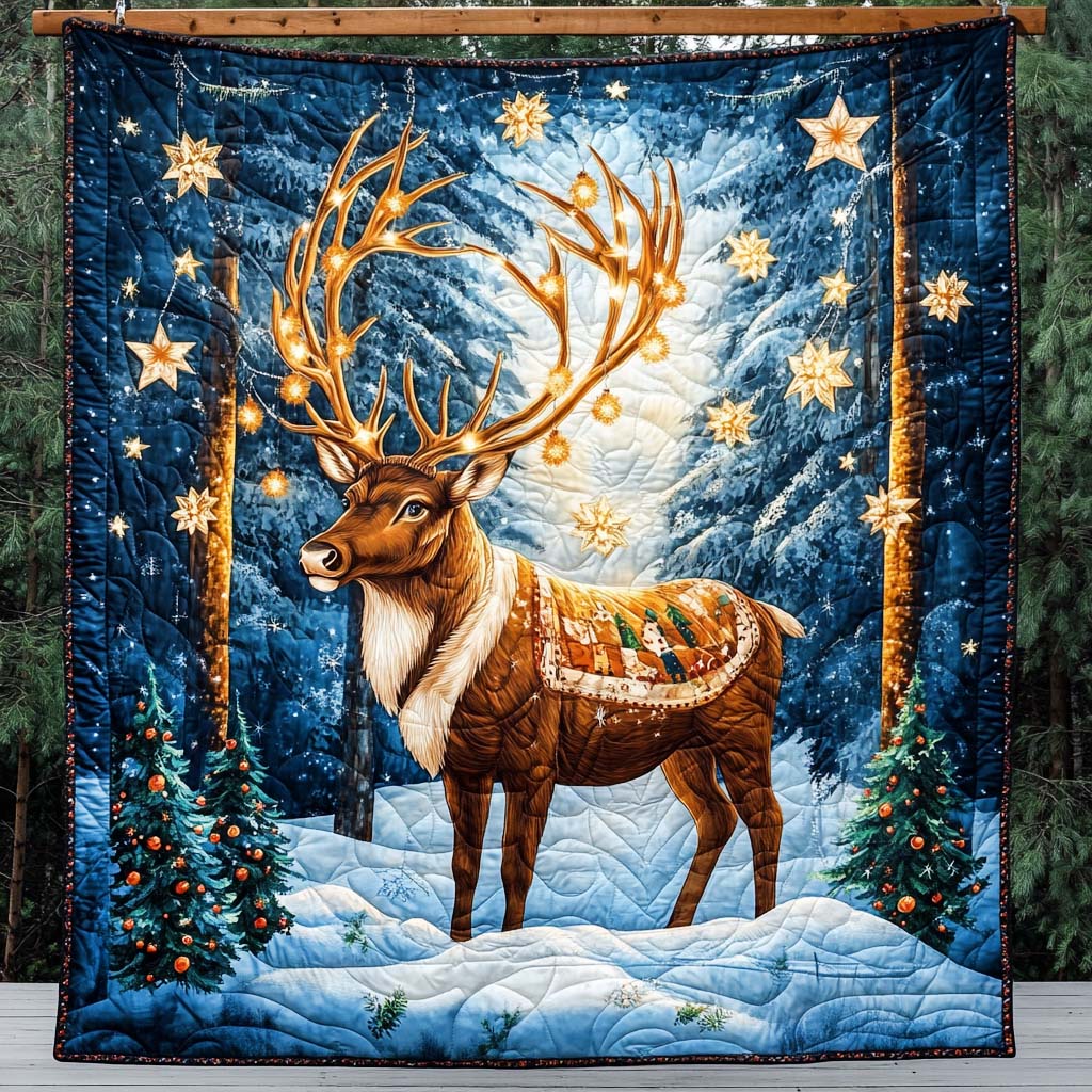 Winter Starlight Quilted Blanket Reindeer Christmas Presents