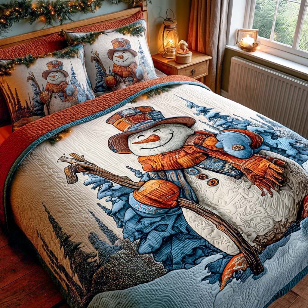 Winter Stroll Quilted Bedding Set Christmas Bedding Duvet Cover Gifts For Snowman Lovers
