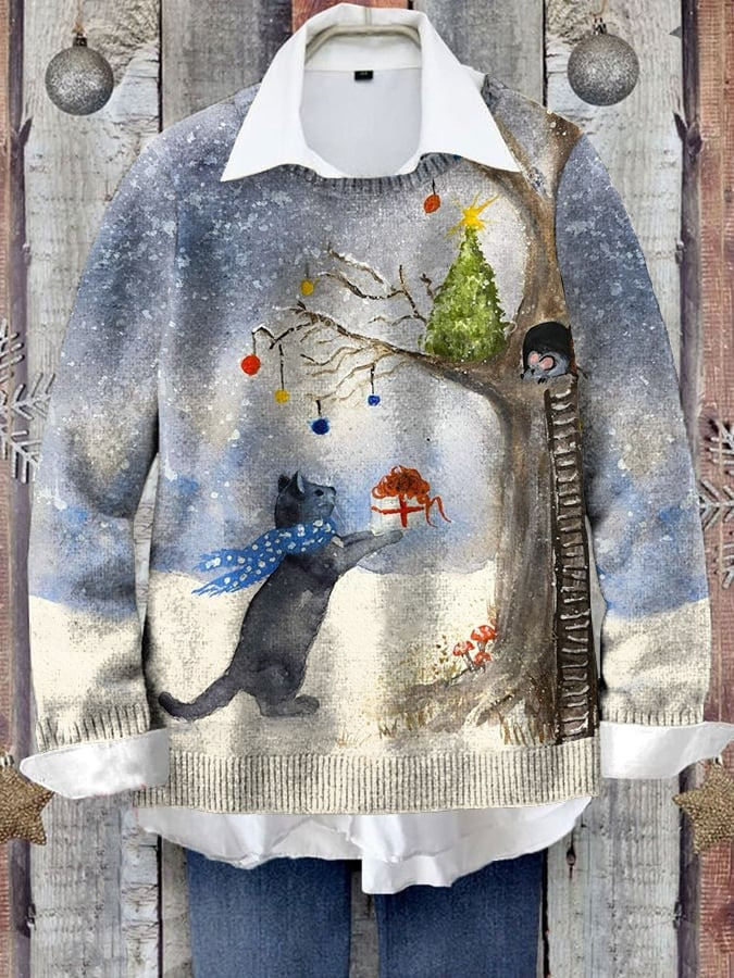 Winter Tom And Jerry Sweater Cute Animal Print Sweater Xmas Holiday Gifts For Cat Lovers