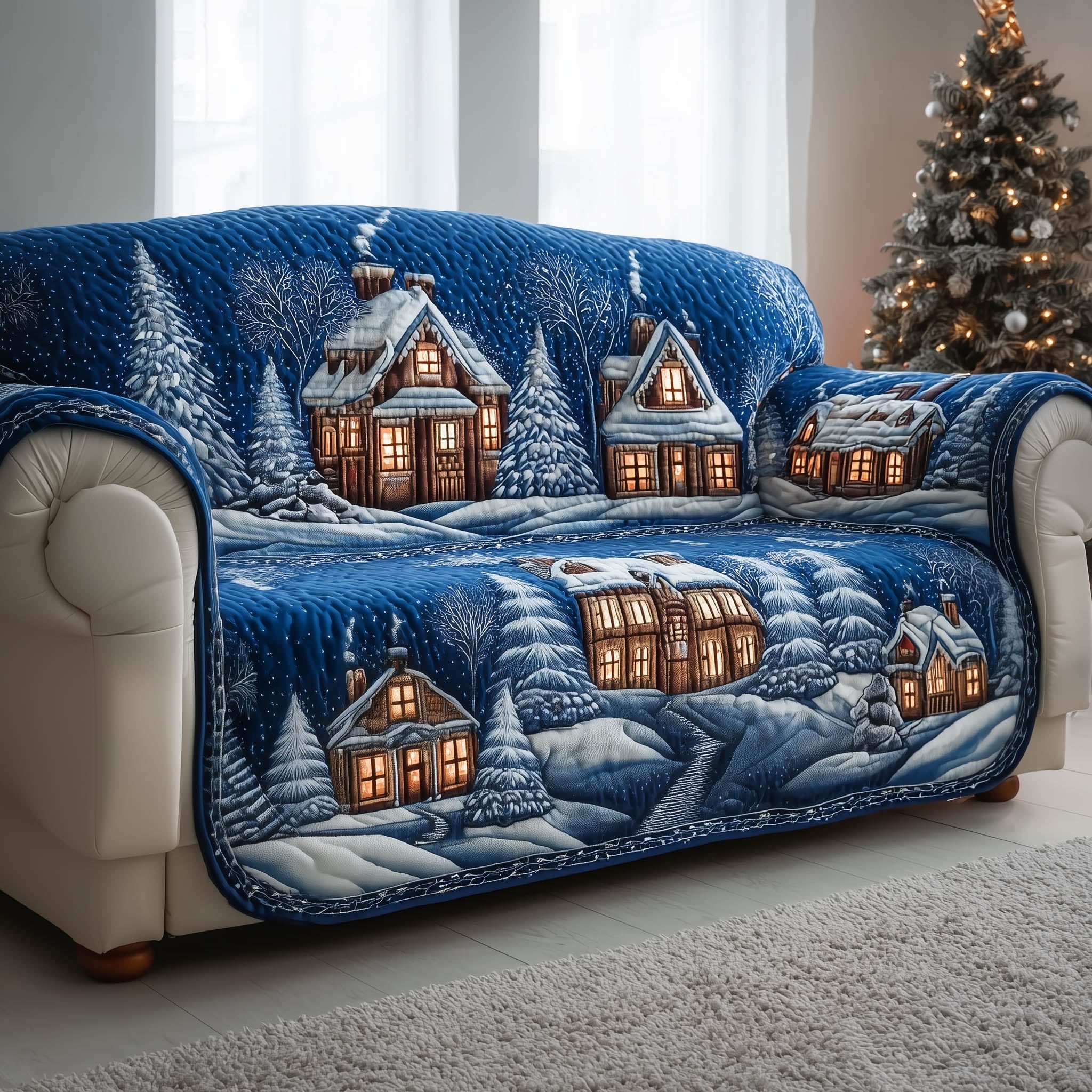 Winter Town Quilted Sofa Cover Christmas Lights Town Motif Gifts For House Warming
