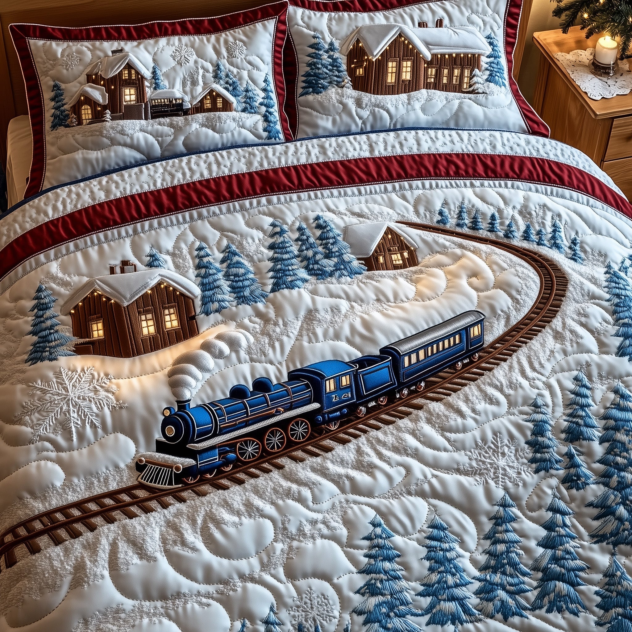 Winter Train Christmas Quilted Bedding Set Duvet Cover Bedspread Xmas Gifts