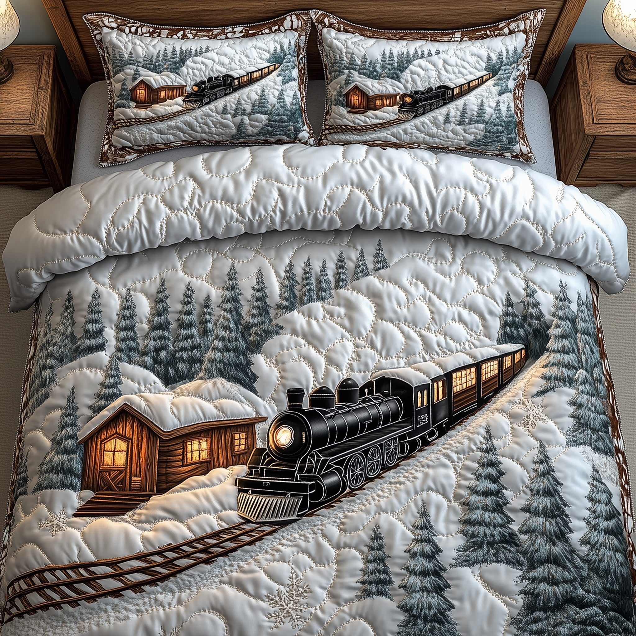 Winter Train Christmas Quilted Bedding Set Duvet Cover Bedspread Xmas Gifts For Family