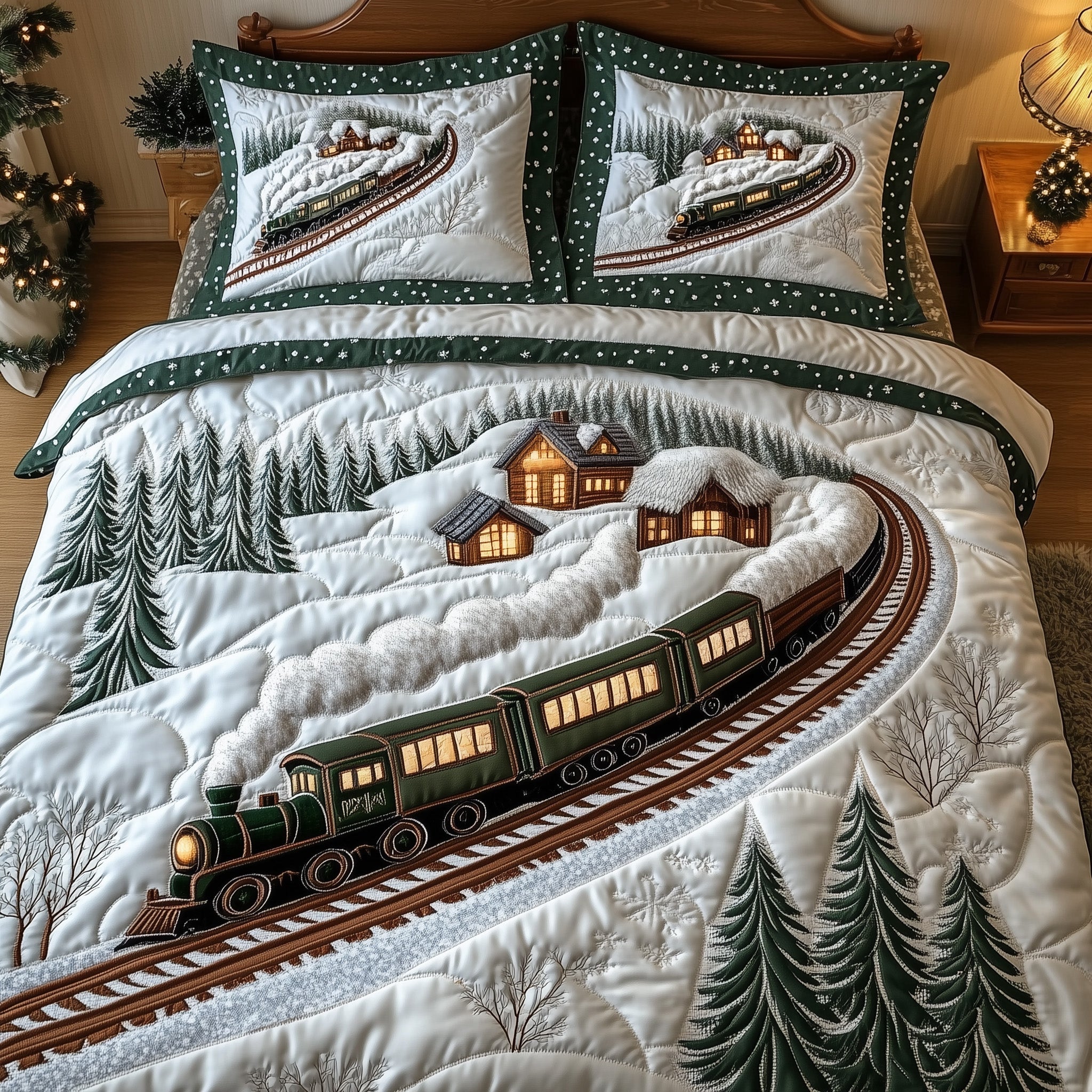 Winter Train Christmas Quilted Bedding Set Duvet Cover Bedspread Xmas Gifts For Friends