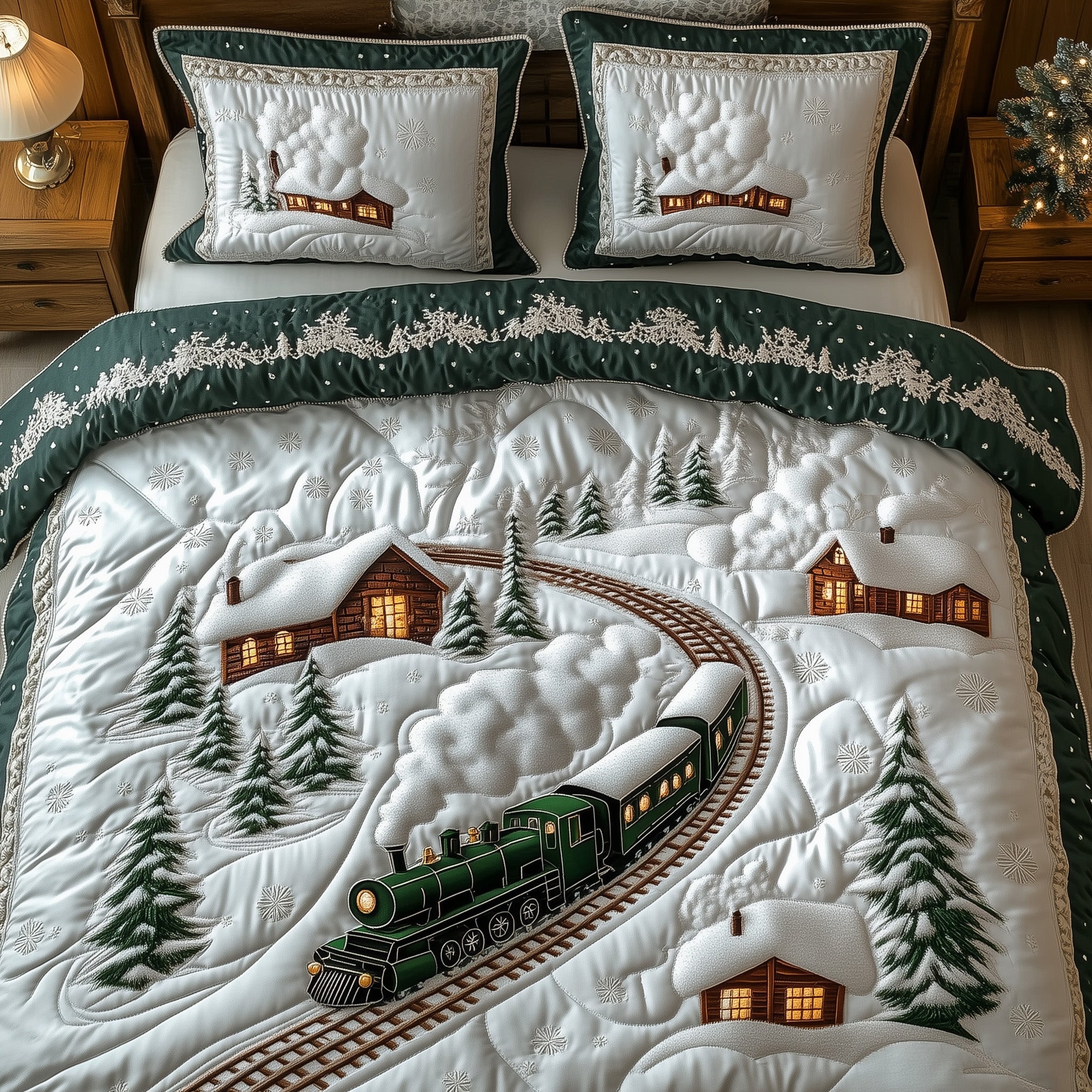 Winter Train Christmas Quilted Bedding Set Duvet Cover Bedspread Xmas Gifts For Her